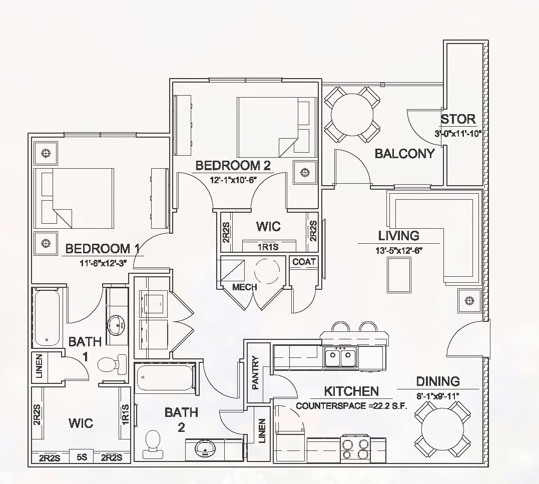 2 Bed 2 Bath Floor Plan